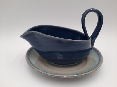 Heavy Handmade Pottery Gravy Boat with Attached Underplate Blue Signed 2002