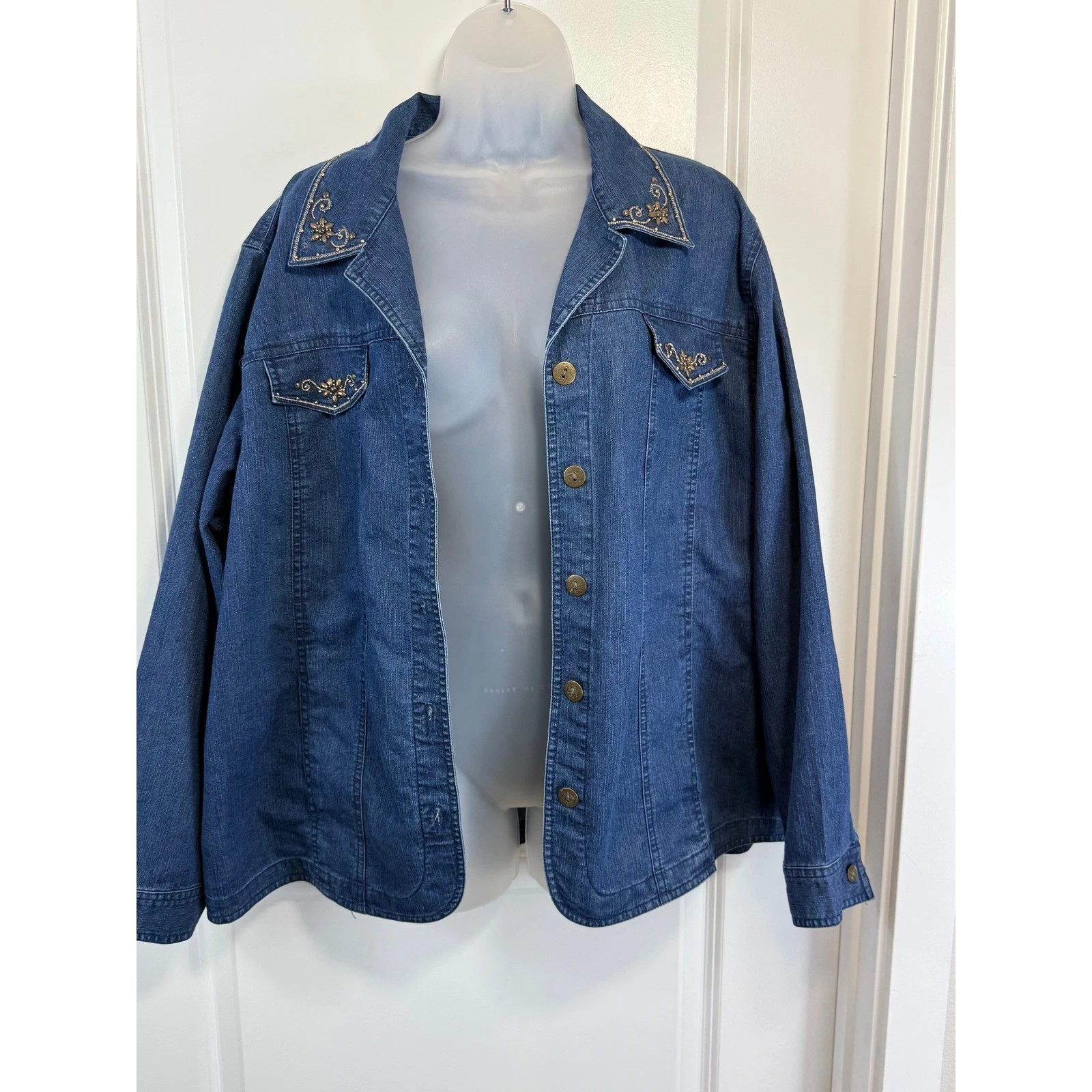 Alfred Dunner Woman Jean Denim Jacket 18 Blue Beaded Sequin Embroidered Western