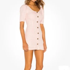 LPA Pink Gingham Mini Dress Size XS Button Front Puff Sleeve Casual Cottagecore