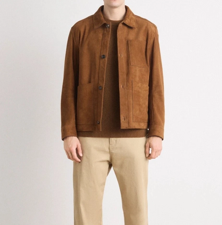 Men’s Tan Suede Leather Jacket Casual Shirt Style Front Pocket Fall Coat - 043