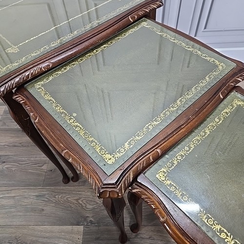 Antique Vintage Queen Anne Carved Wooden Nest Of 3 Tables - Glass Leather Tops - Picture 13 of 24