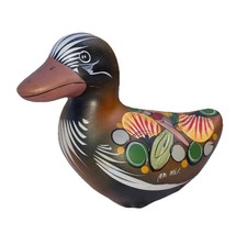 Vintage Tonala Mexico Pottery Painted Duck Bird Sitting Folk Art Figurine VGC 