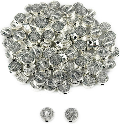 100Pcs 9Mm St. Benedict Medal Spacer Beads   Double-Sided Silver-Tone Catholic C