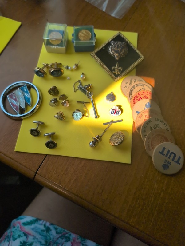 Lot Of Smalls, Pins,Scout,U T U.,Cufflinks, Buick,Wooden Nickels ..