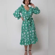 Mille Resort & Travel June Floral Block Print Belted L/S Midi Dress Sz S NWOT 