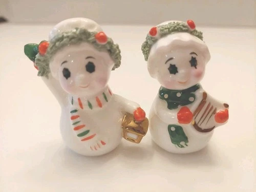 2 Vtg.Christmas Napco Porcelain Miniature Snowwoman Figurines Spaghetti Trim