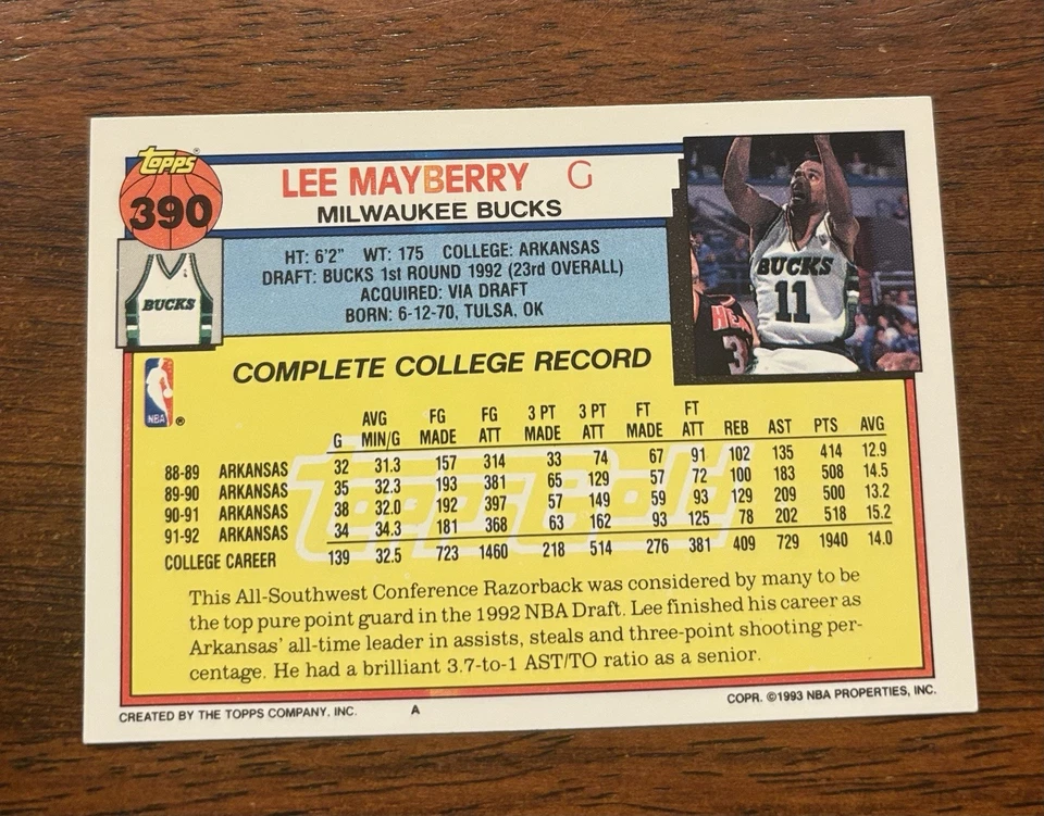 1992-93 Topps Gold #390 - Lee Mayberry (RC) NM/MT Free Ship Bucks - Image 2 of 3
