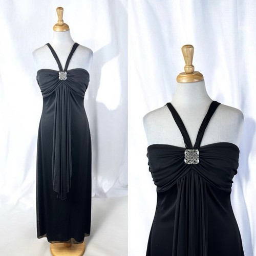 Black Mesh Long Gown Whimsigoth Glam Cross Front Y2K Elegant Medallion Size US 8