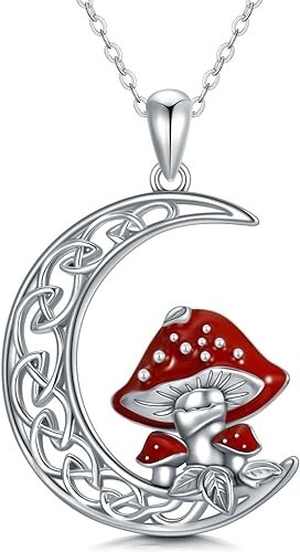Sterlingsilber Roter Pilz Keltischer Mond Anhänger Halskette Schmuck Geschenk für Frau - Bild 1 von 5