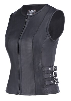 True Element Womens Side Buckled Zip Front Motorcycle Leather Vest (XS-3XL)