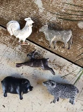 Set/5 Metal Primitive Farm Animal Refrigerator Magnet Cow Pig Rooster Rabbit Ram