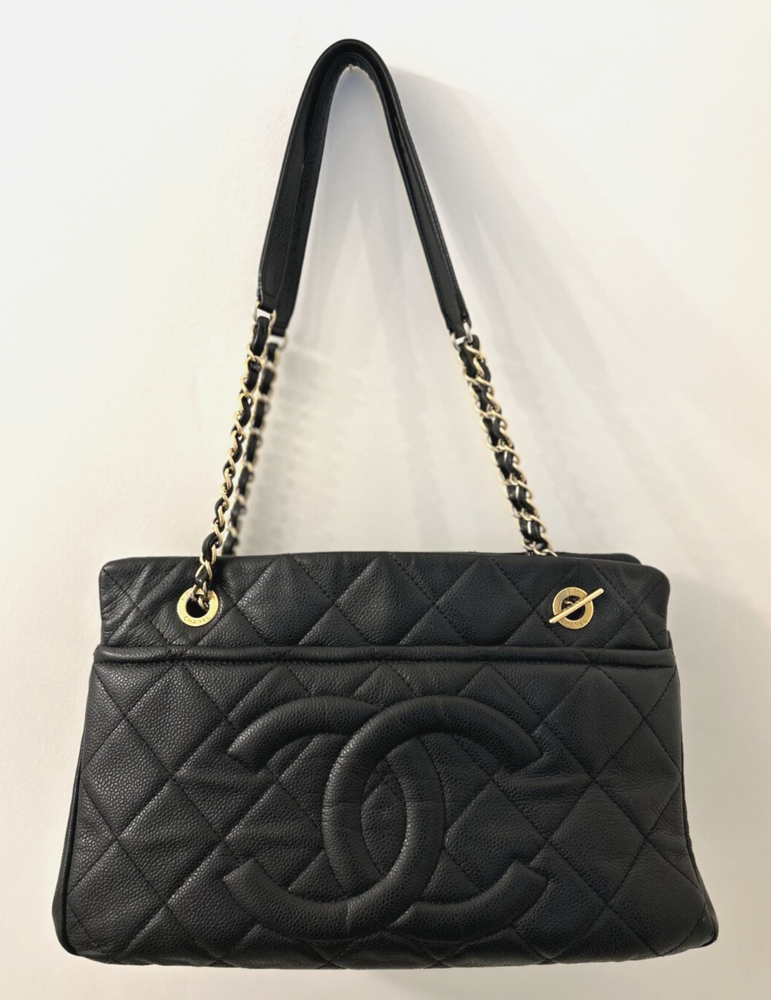 CHANEL Timeless Quilted Caviar Tote Black Medium with Gold Chain and Pockets