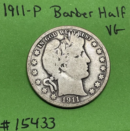 1911-P Barber Half Dollar 90% Silver VG Very Good See Pics