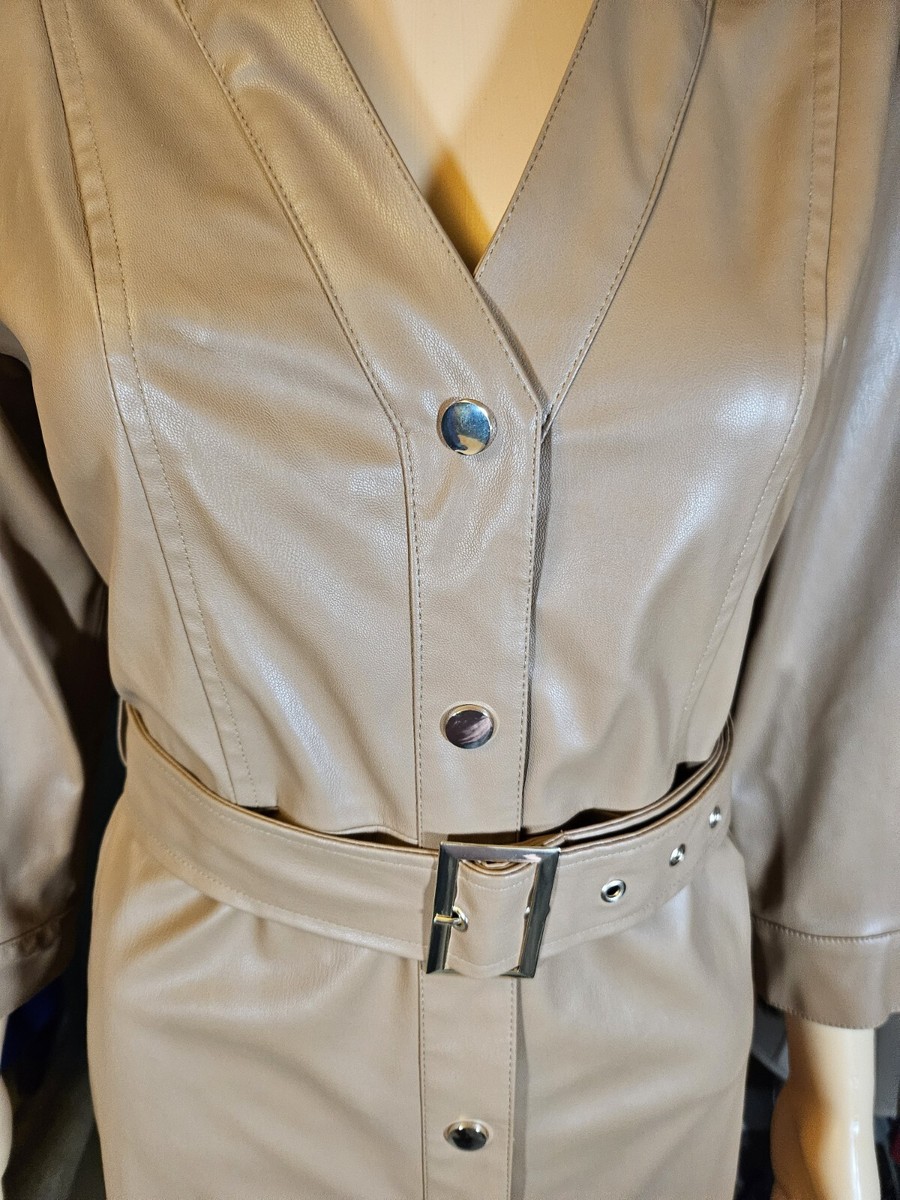 Zara Belted Vegan Faux Leather Coat Dress Beige, Small NWOT