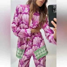 Blazer donna Zara effetto raso stampato medio viola verde panna nuovo con etichetta