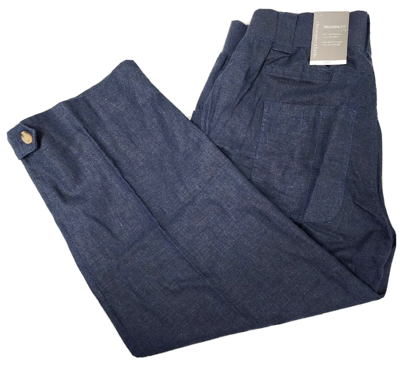 Christopher & Banks Blue Linen Capris - Below Waist Modern Fit Stretch Pant Sz 4