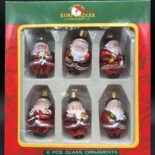Kurt Adler 6 Mini Glass Santa Feather Tree Christmas Ornaments 2” New In Box