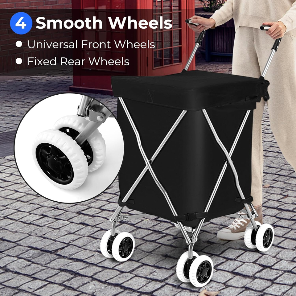Folding Shopping Cart, Portable Grocery Cart on Wheels with Removable