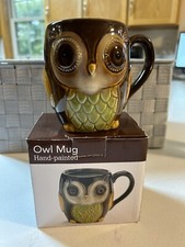 Burton and Burton Whimsical Owl Mug, New In Box - Brown, Green Hand-painted