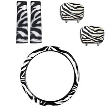 5pc Combo Zebra Print Shoulder Pads W Headrest Steering Wheel Cover
