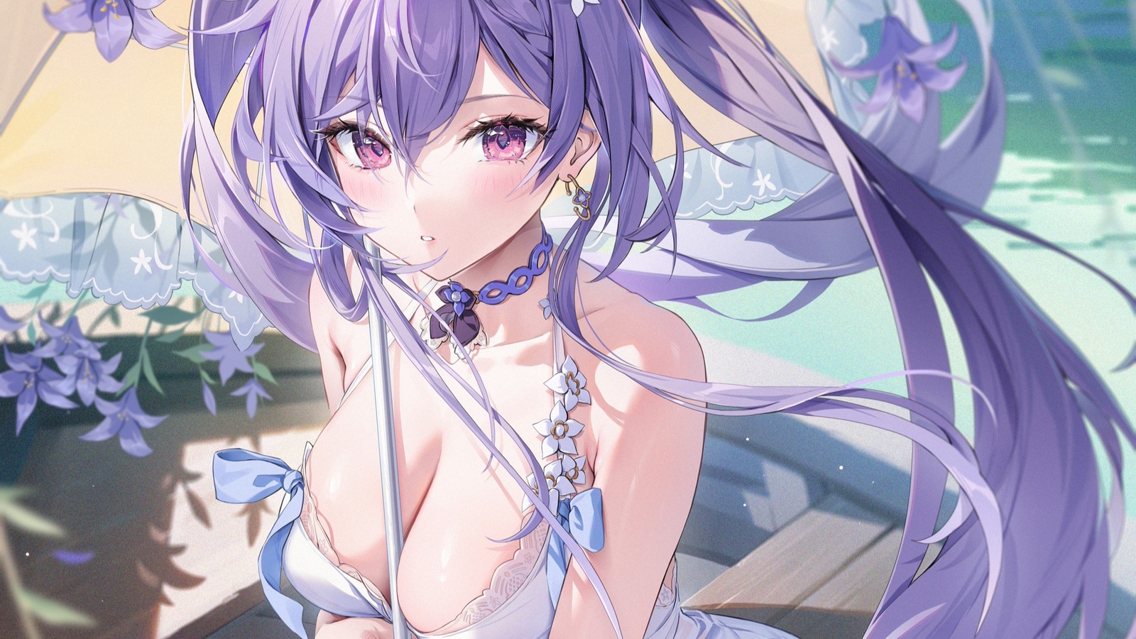 Anime girls long hair cleavage genshin impact keqing Playmat Gaming Mat Desk