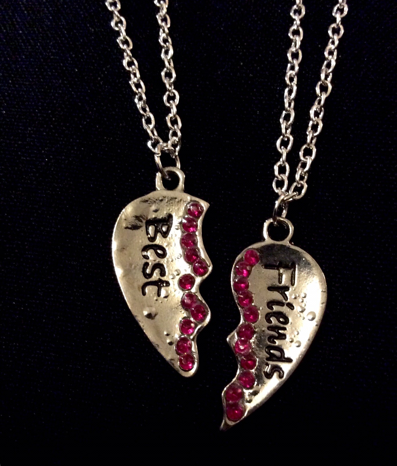 Best Friends Chain Necklaces (Set Of 2) Half Heart Pendants w Hot Pink
