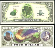 St. Patrick's Day Four Leaf Clover 4 Dollar Funny Money Novelty Note FREE SLEEVE