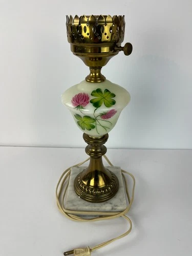 Vintage Marble Base Table Lamp Milk Glass Floral Painted Brass Light