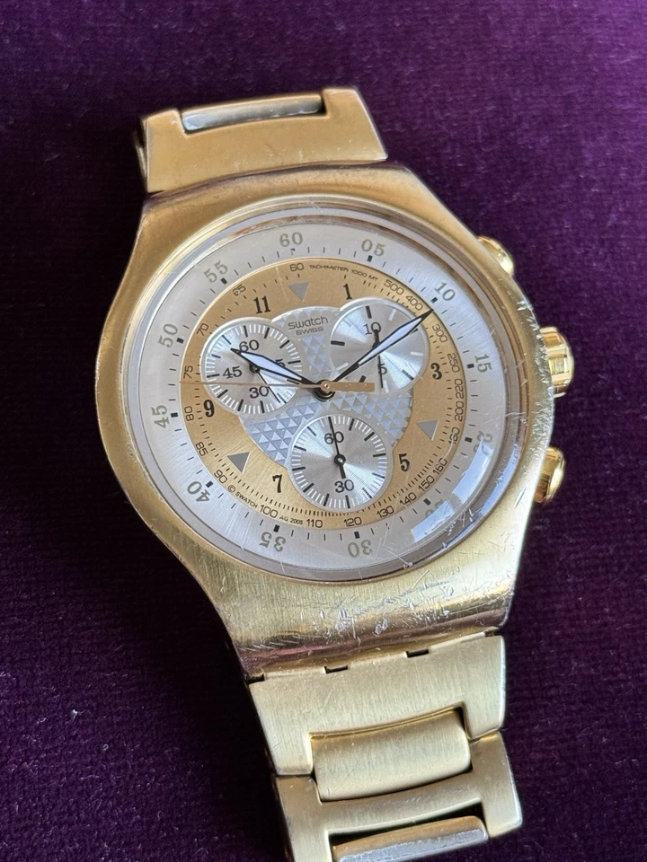 SWATCH WATCH YOG100G THE GOLDEN CHEST IRONY CHRONOGRAPH 2007 NOT WORKING RARE — 第 3/4 张图片