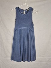Andree by Unit Dress M Blue Sleeveless Knit Pom Trim Open Back Boho Swing Soft