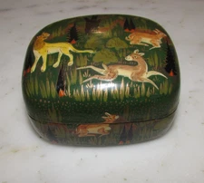 Vintage Kashmir India Hand Painted Lacquer Trinket Box Animals
