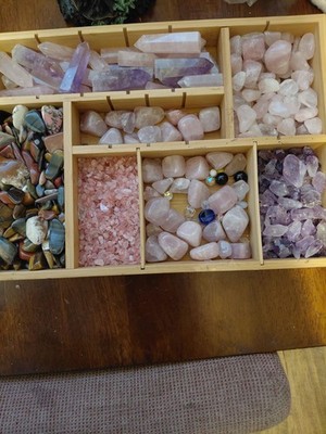 Assorted Tumbled & Natural Crystals and Mineral Specimens in Wooden Organizer
