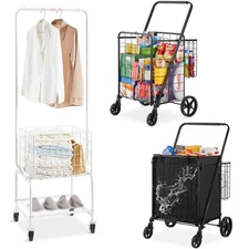 Rolling Laundry Cart Folding Shopping Cart w/ Hanging Rack/Double Baskets