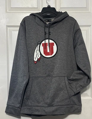 Utah Utes Logo Under Armor Hoodie XL Mens Grey Feather Red Pocket - Image 1 of 4