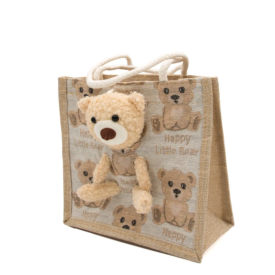 Bolso de mano para niños de vacaciones bolsa de regalo de Navidad con cremallera de yute, oso alegre, 8x8x4" Foto 4 de 4