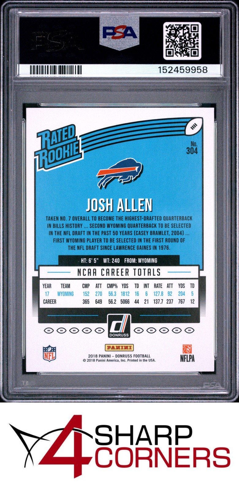 2018 PANINI DONRUSS #304 JOSH ALLEN RC RATED ROOKIE BILLS PSA 9 view 2