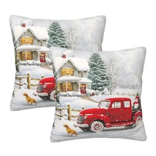 Winter Red Truck Throw Pillow Covers 18x18 Set of 2 Christmas Tree Candy Snow...
