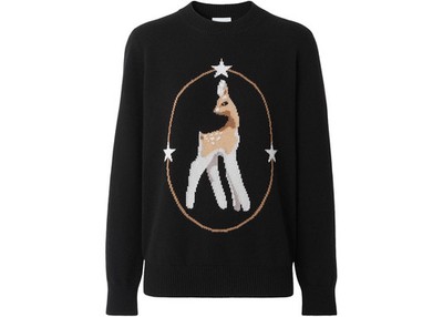 Burberry Wool-Blend Deer Motif Sweater Black Womens