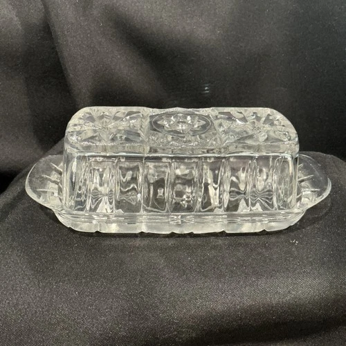 Vintage Anchor Hocking Star of David Cut Crystal Glass Butter Dish w Lid