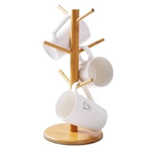 Bamboo Mug Tree 6 Hook Coffee Jewelry Display Stand Nonslip Holder Countertop