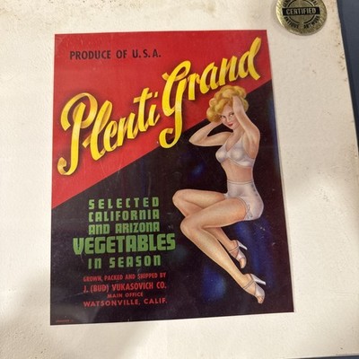 Original Vintage 1940s California Vegetable Label, Plenti Grand, Blonde Pin-Up