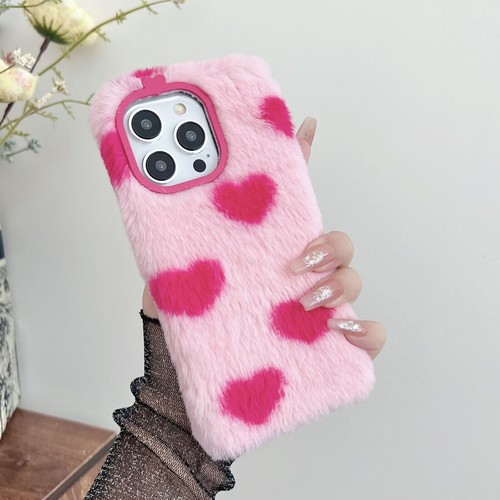 For iPhone 15 14 13 12 11 Pro Max 8 XR SE3 Cute Heart Pattern Fluffy Plush Case - 第 10/12 張圖片