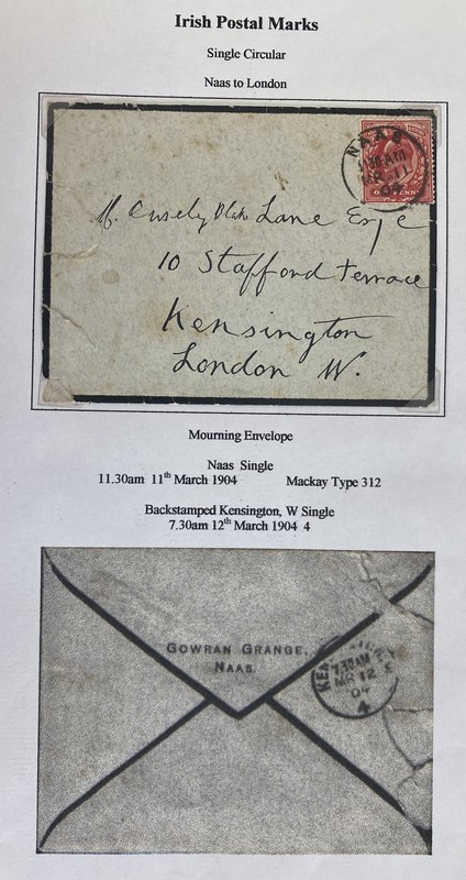 1904 Naas Ireland Vintage Mourning Cover to London England