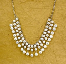 White pearl bead necklace with three rows of pearls, fringe necklace design New