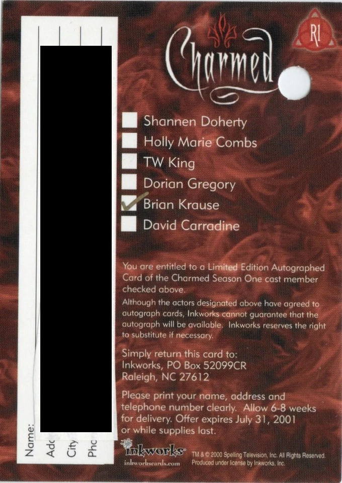 Charmed Season One Inkworks 2000 Redemption Card R1 Brian Krause - Image 2 of 2
