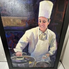 Original Oil on Canvas Painting Signed Chef Cooking Portrait Man Kitchen Dining