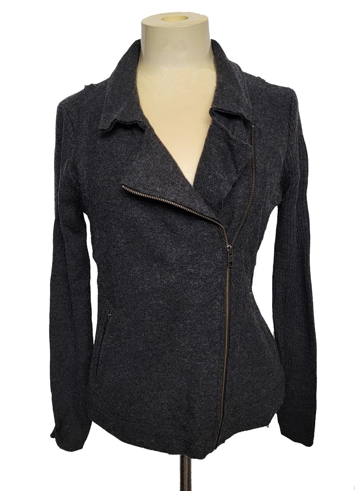 FILA Giacca maglione moto Savile Row London grigio asimmetrico zip grigio lana taglia M NUOVO