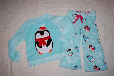 Toddler Girls Pajama Set FLEECE L/S TOP & PANTS Aqua Blue PENGUINS Hats Scarf 2T