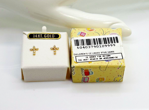 14K Solid Yellow Gold Baby CZ Cross Stud Earrings 0.38" x .25" - Picture 6 of 11
