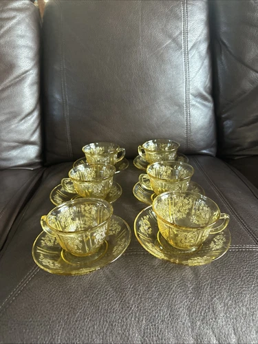 VTG Amber Federal Glass Sharon Cabbage Rose Coffee Tea Cup & Saucer Sets X 6